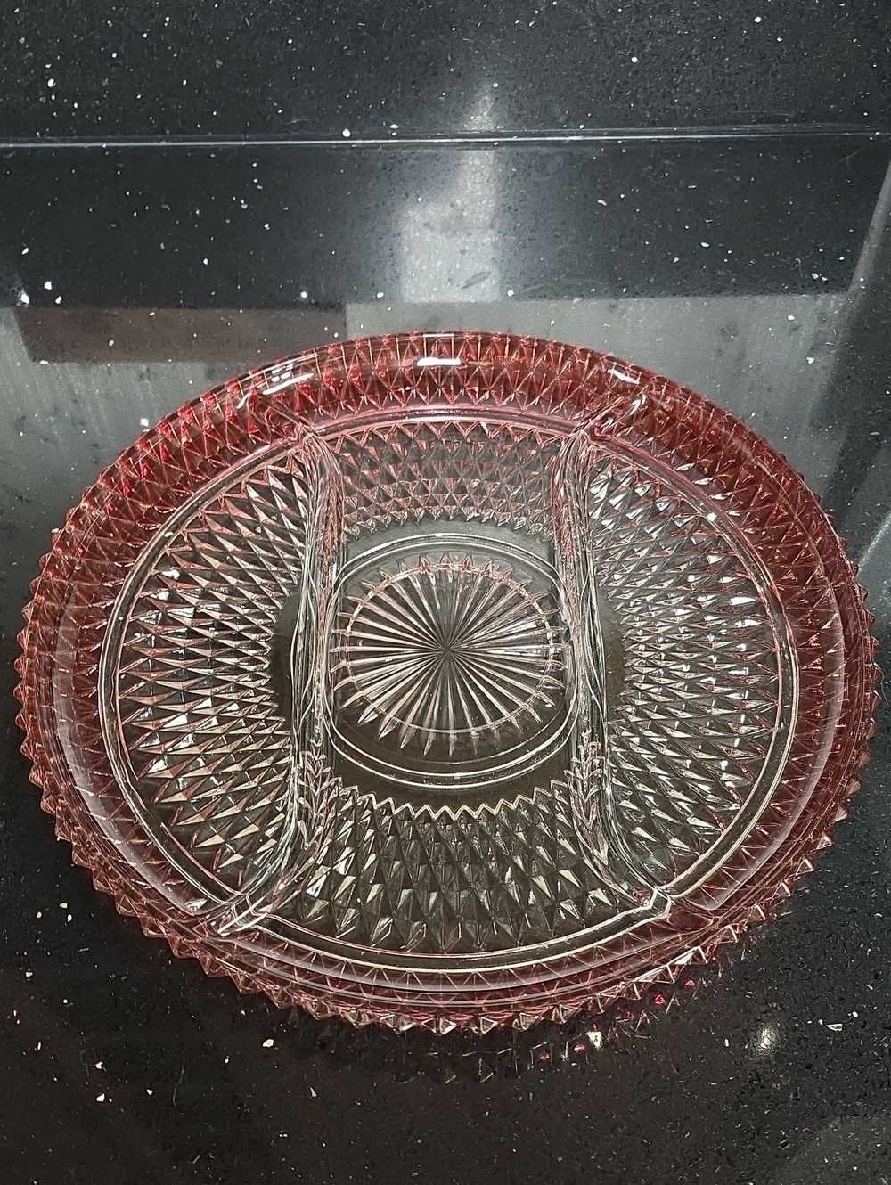 Vintage. 12" Indiana Rudy Diamond Point Glass Divided Serving Plate